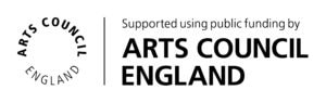 Arts Council England logo and text "Supported using public funding by Arts Council England"