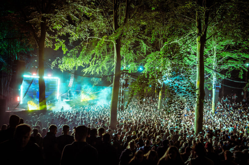 Audience in an outdoor wooded area