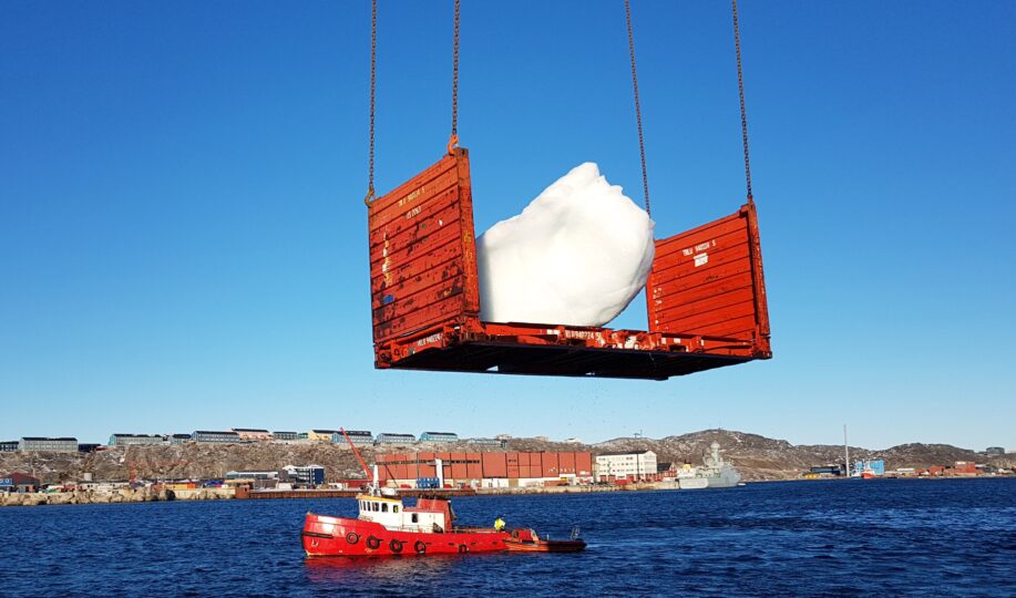 Ice floe being lifted out of the water into the air