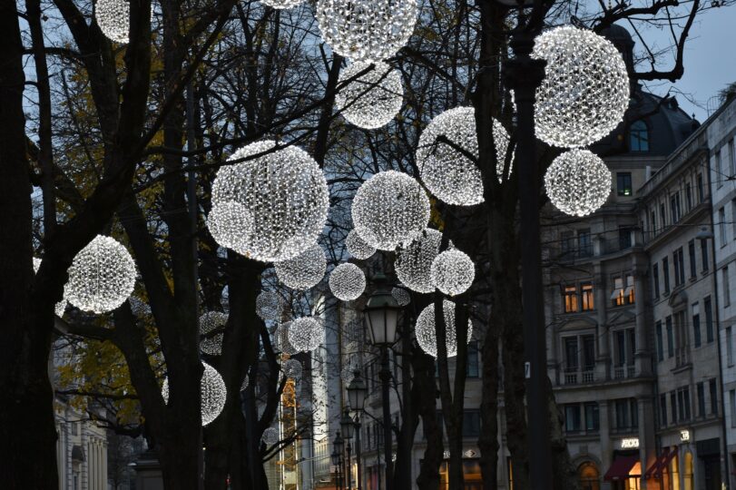 Ornamental lights hanging from trees