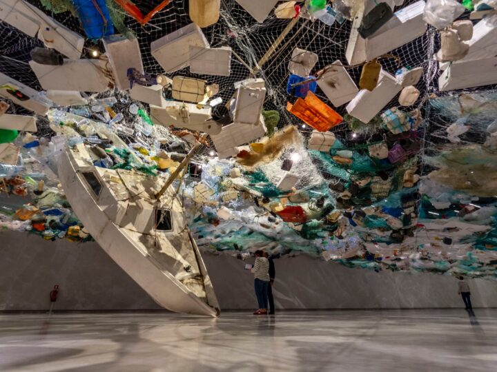 Art installation featuring sea plastics and nets