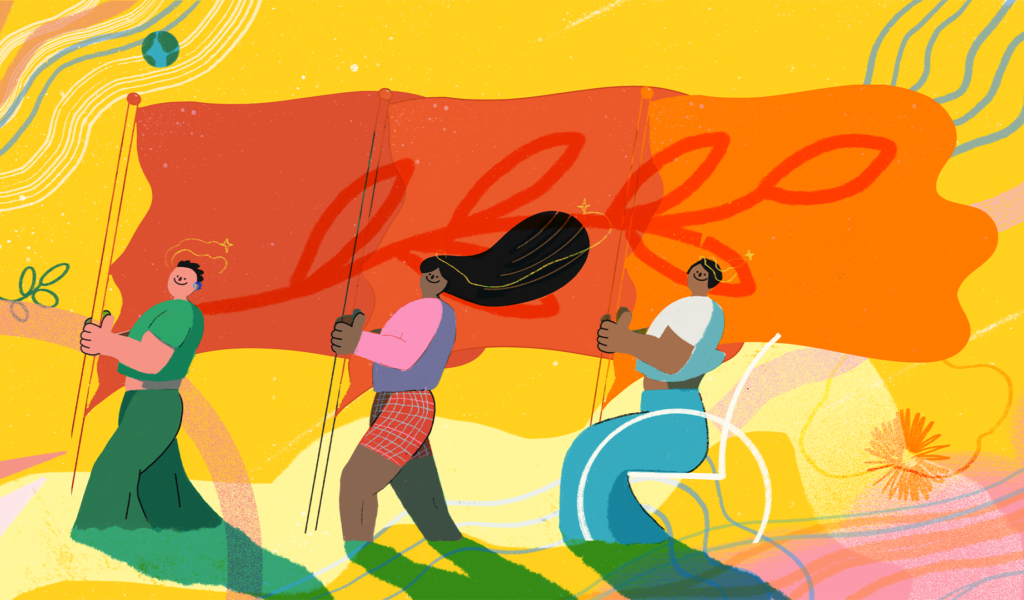 3 characters illustrated in bright colours holding a flag together