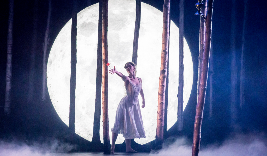 ballerina with outreached hands in front of a large moon and trees behind her