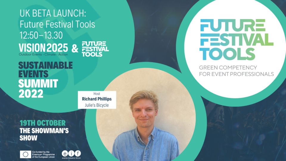 A flyer that says Future Festival Tools Launch at the SUstainable Events summit on 19 october iwth Richard Philips. There is a photo of Richard Philips
