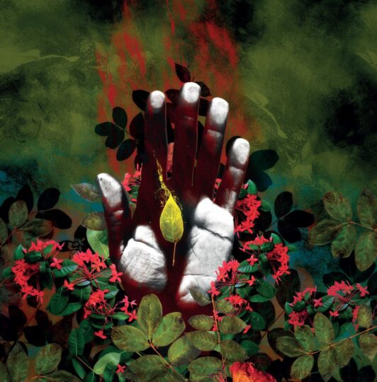 Illustration of a hand with red flowers round it.