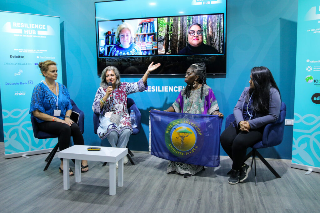 A talk at the COP 27 resilience hub. Four women are on stage. One is gesturing to a screen which has two more women joining the talk by video conference. One is holding up a flag for the audience to see.