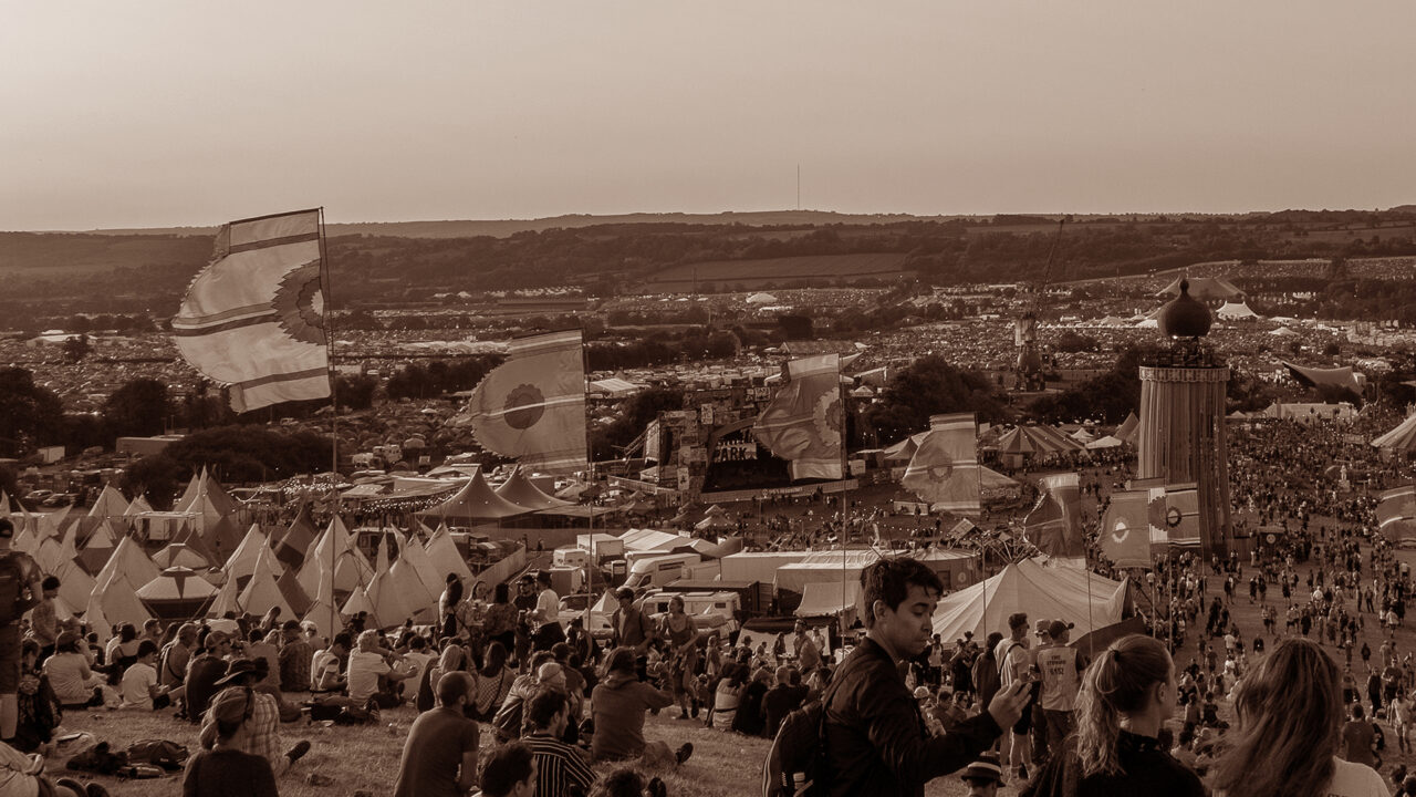 Arial black and white shot of a festival