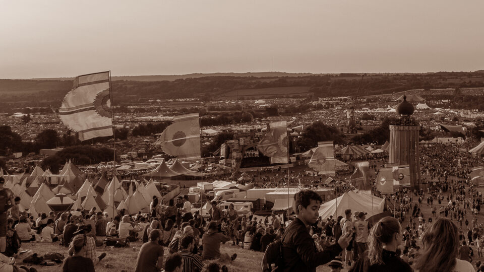 Arial black and white shot of a festival