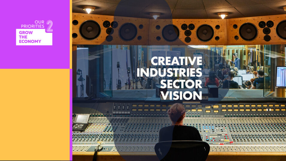 A person sits in a sound recording studio with an orchestra visible through the window. Graphics say Creative Industries Sector Vision