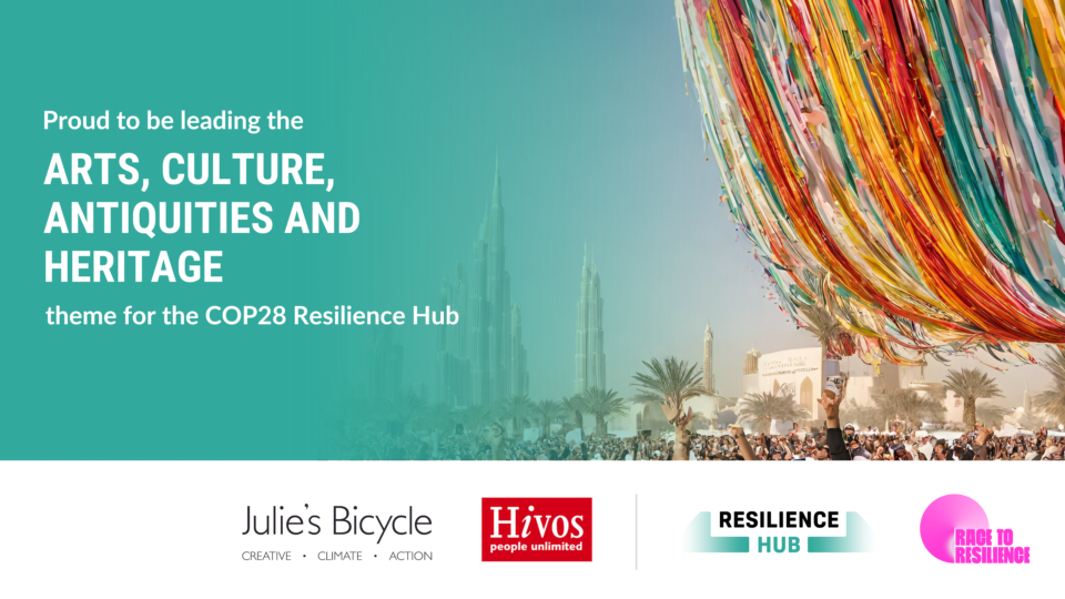 Arts, Culture, Heritage and Antiquities theme - COP 28 Resilience Hub. Graphic with image of city and coloured fabrics