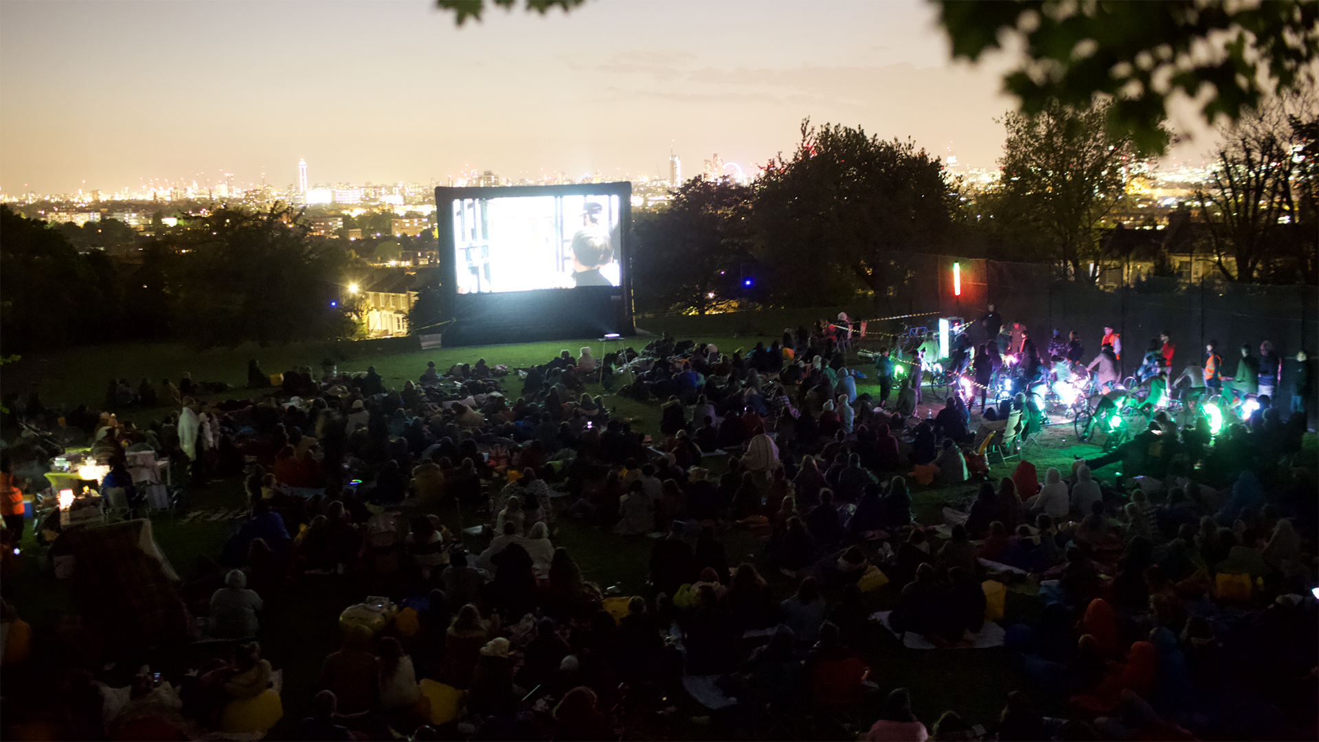Arial shot of people at an outdoor cinema