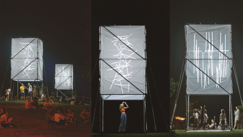Three side by side shots of people engaging with a light structure in a field