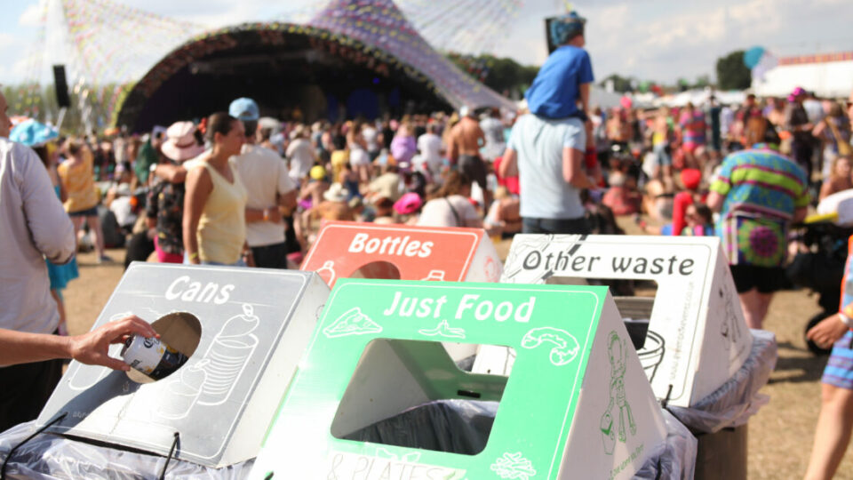 Different types of waste disposal at a music festival