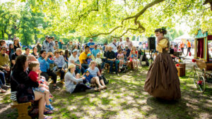 People outdoors in a foresty area looking at performance