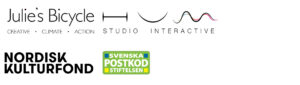 Side by side logos reading: Julie's Bicycle / Hum studio interactive / Nordisk Kulturefond / Swedish Postcode Lottery