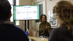 A woman  with wavy hair wearing a brown jumper is standing in front of a group of people next to a screen presenting a diagram. She is gesturing with her hands as she talks