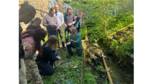 People outdoors looking at a structure