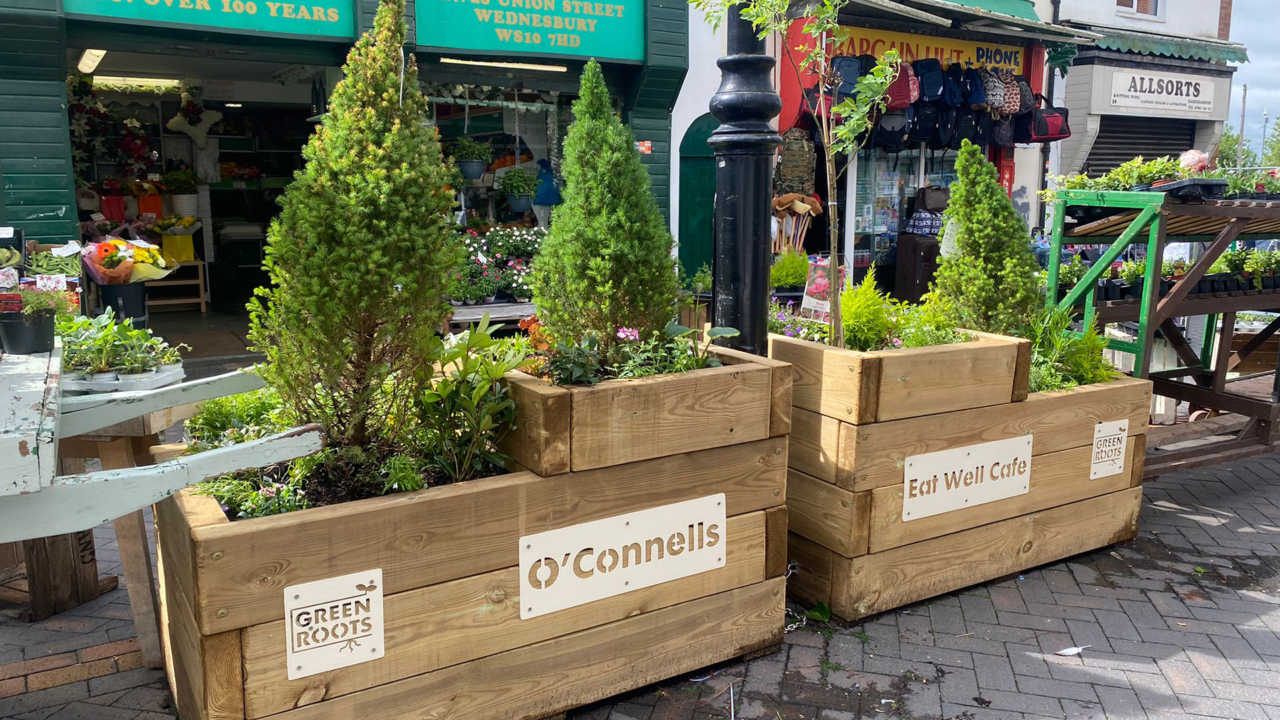 Planters after the planting day on Wednesbury High Street