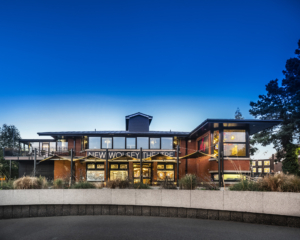 Twilight shot of New Wolsey Theatre building outside, with dark blue sky taking up half the shot