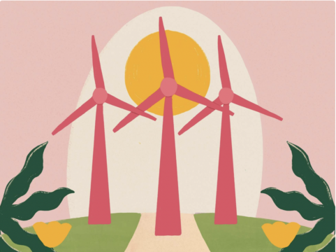 Illustration in a collage style of three colourful windturbines against a large sun surrounded by plants